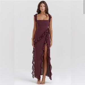 HOUSE OF CB Ariela Ruffle Maxi Dress in Mulberry L+